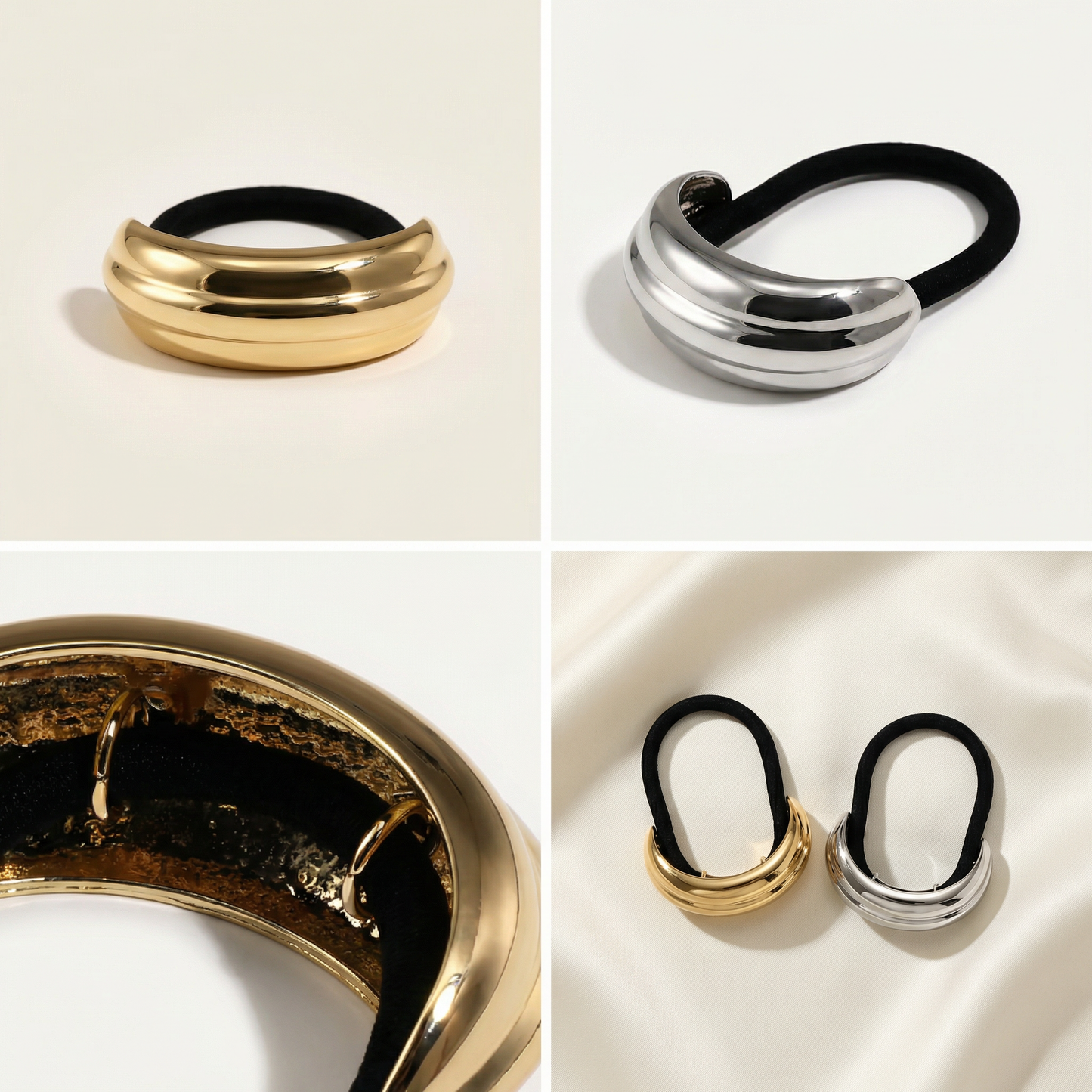 Collage of gold and silver pony cuff on a beige background - Snug Strands