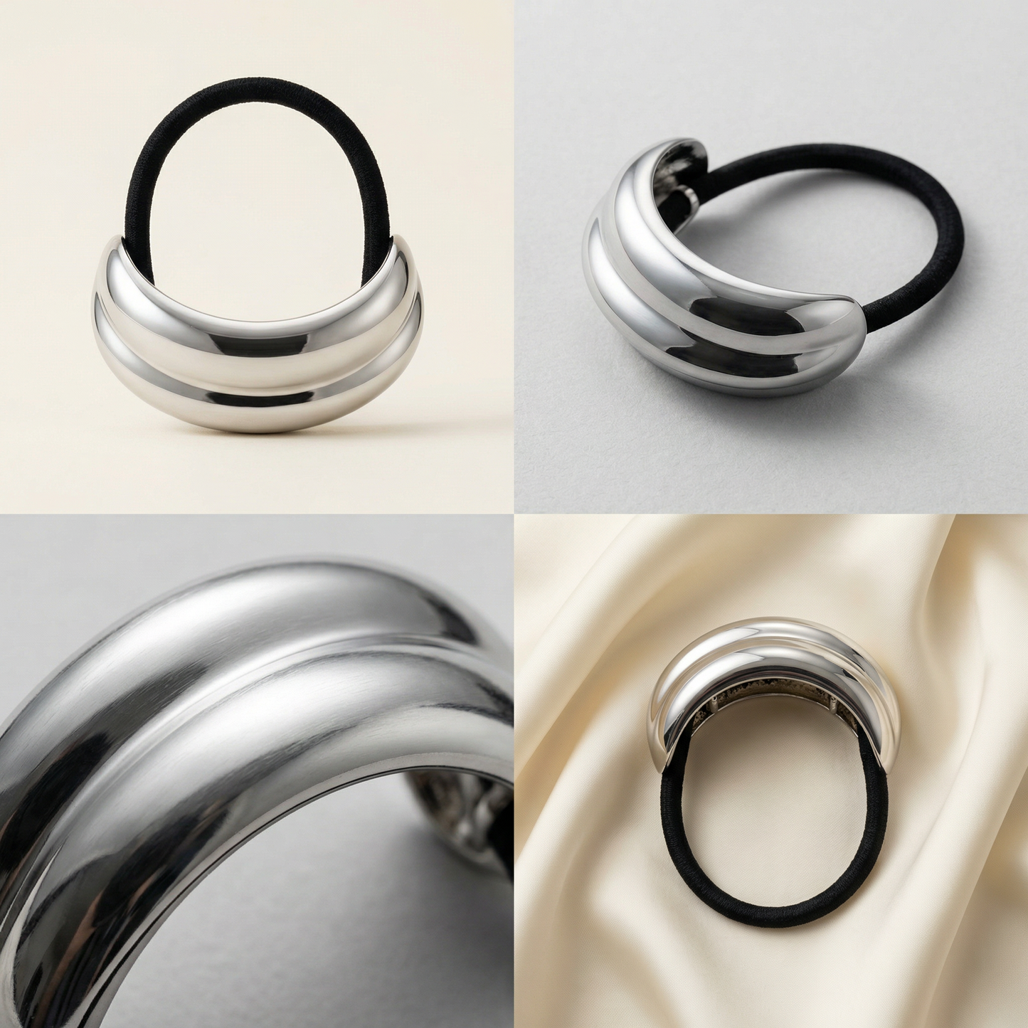 Silver pony cuff with black rubber band on a beige background - Snug Strands